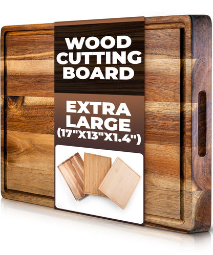 PREMIUM ACACIA Cutting Board & Professional Heavy Duty Butcher Block w/Juice Groove - Extra Large (17"x13"x1.4") Organic, End Grain Chopping Block. Ideal Serving Tray for Meat & Cheese