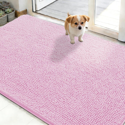 OLANLY Dog Door Mat - Absorbent Non-Slip Washable Doormat for Muddy Paws | 50x30 Pink Chenille Mat