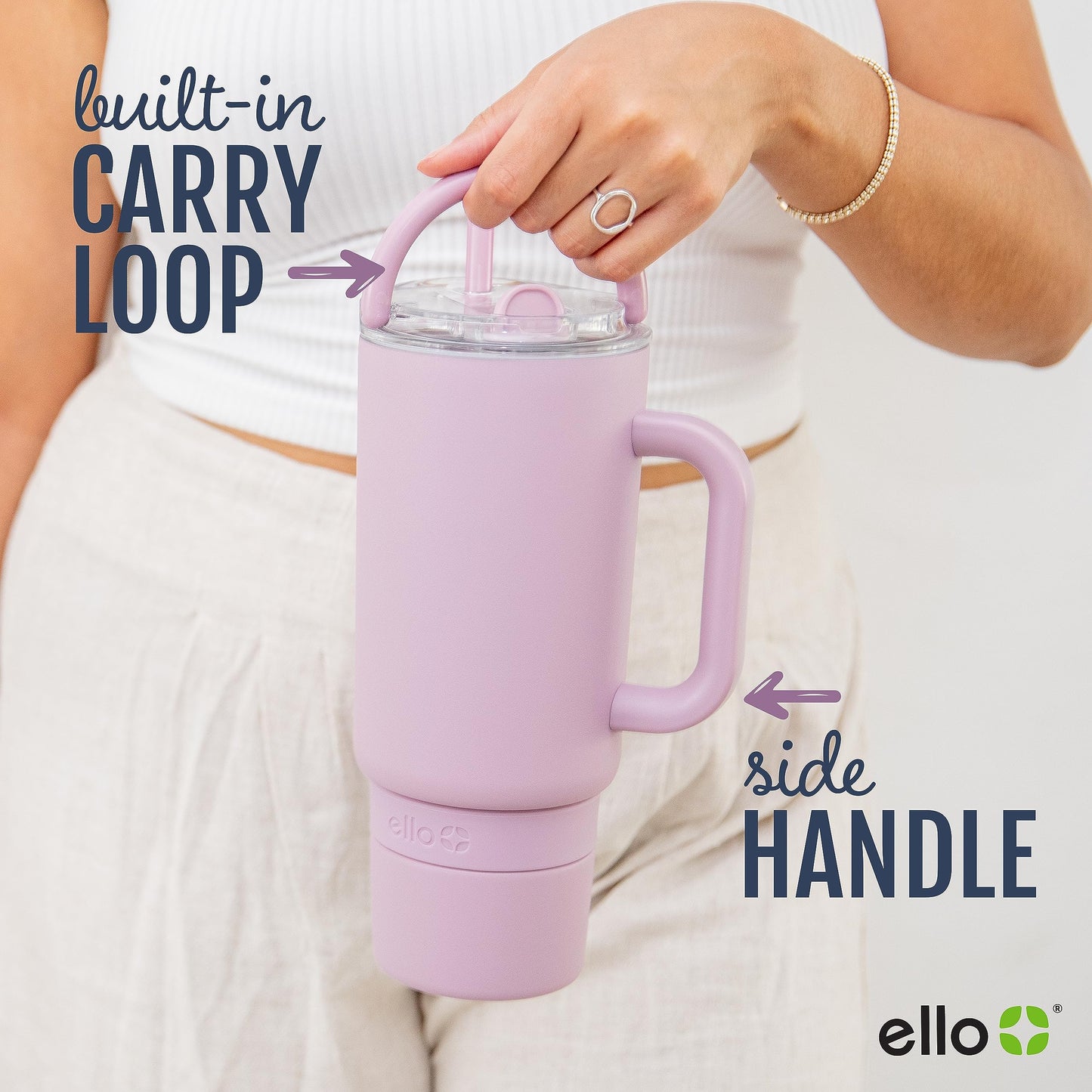 Ello Port 40oz Tumbler with Carry Loop & Integrated Handle, Vacuum Insulated Stainless Steel Reusable Water Bottle, Travel Mug with Leak Proof Lid & Straw for Iced Coffee & Tea, Halogen Blue