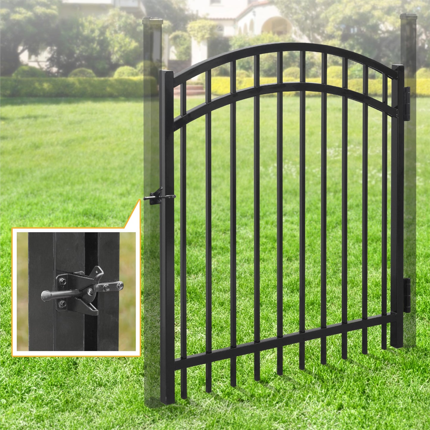 Fencer Wire Heavy Duty Arched Decorative Fence Gate, 4FT Height x 4FT Width Outdoor Fence Gate, Outdoor Anti-Rust Metal Steel Gate for Fencing Barrier, Garden Gate with Gate Lock