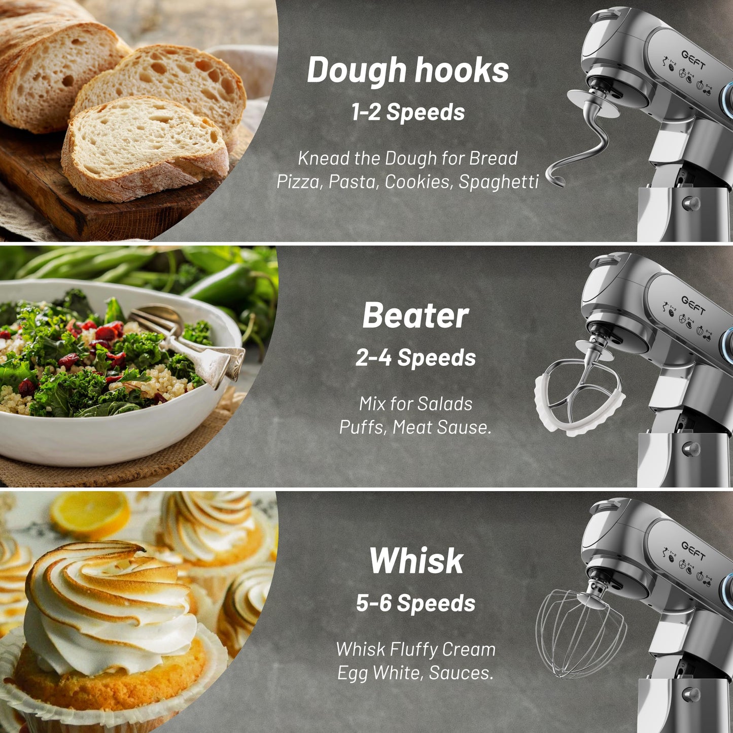 GEFT Stand Mixer, 3.5QT+6QT Two Bowls Kitchen Electric Mixer, 600W 6+P speed Tilt-Head Food Mixer with Stainless Steel Bowl, Dishwasher-Safe Dough Hook, Flat Beater, Wire Whisk, Splash Guard, Grey