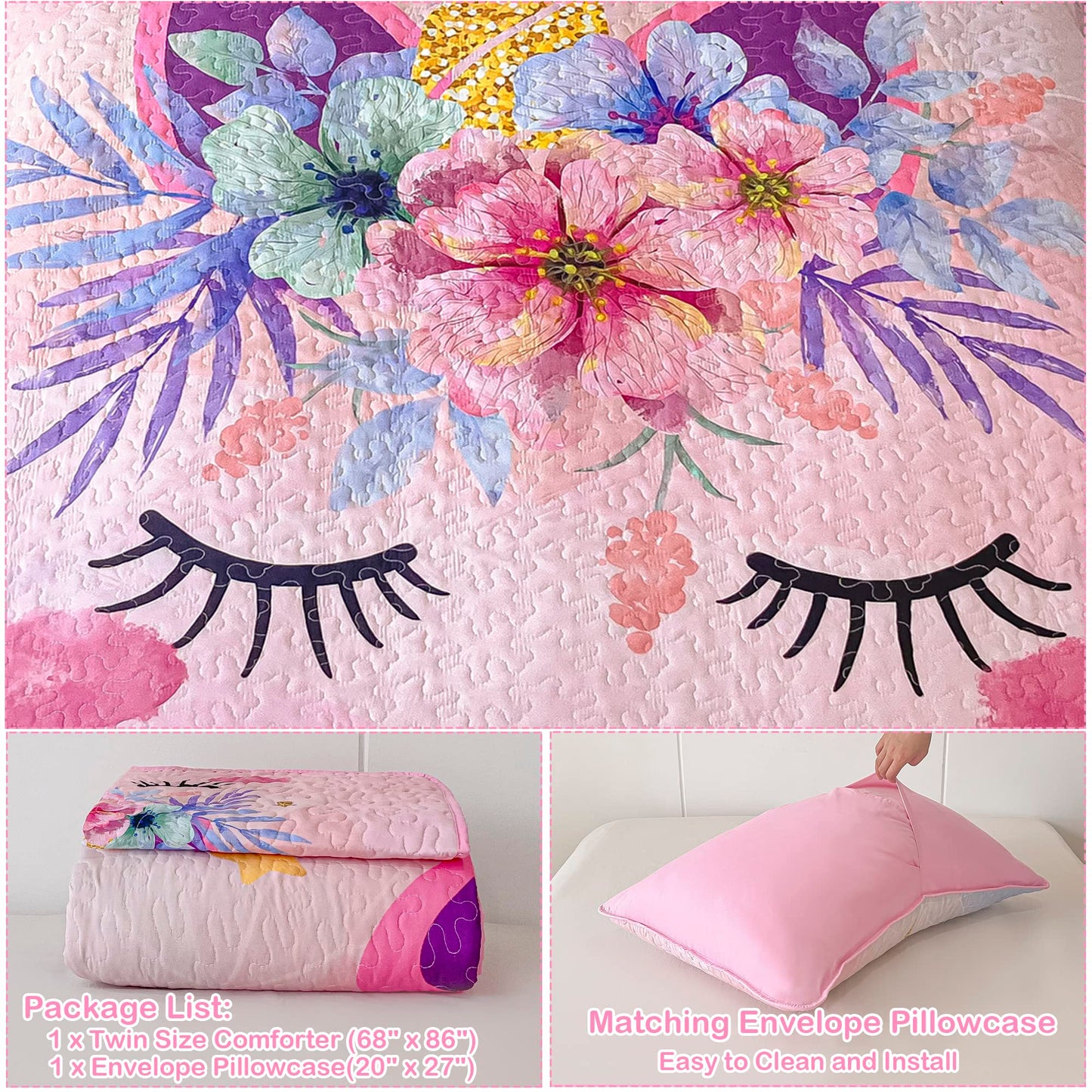 Twin Size Quilt Set for Girls 2-Piece Pink Unicorn Kids Comforter Bedding Set Stars Flowers Reversible Quilted Bedspread Coverlet Lightweight Bed Sheet Set Cover Throw Blanket with Pillow Sham