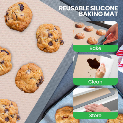 Nutrichef Silicone Baking Mats - 2 Non-stick Food-Grade Silicone Mats - Perfect for Full Baking Pans 24.4 x 16.5 IN - Oven-safe Up to 480 Degrees F - Suitable for Ovens, Freezers, & Dishwashers - Grey