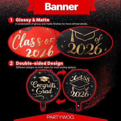 PartyWoo Graduation Balloons Class of 2026 Black Red Gold 12pcs Balloons 40 Inch 2026 Foil Number Balloons 18 Inch Congrats Grad Mylar Balloons for Black Red Graduation Decorations Party Supplies