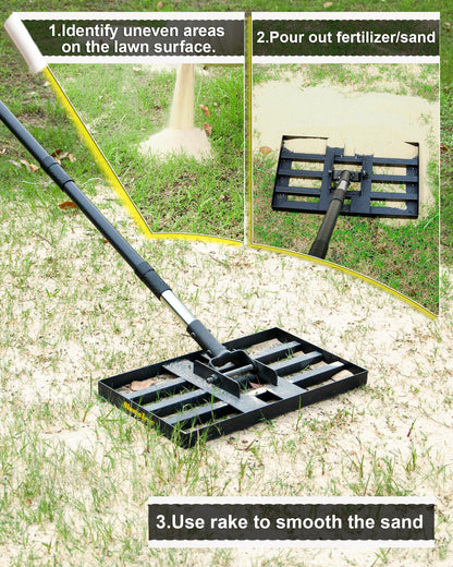 BlumeTrec Lawn Leveling Rake, 17"x10" Heavy Duty Sand Leveling Tool with 6.7FT Stainless Steel Long Handle, Golf Rake for Soil, Compost, Gravel, Lawn Leveler for Yard, Garden, Landscaping Level Tool