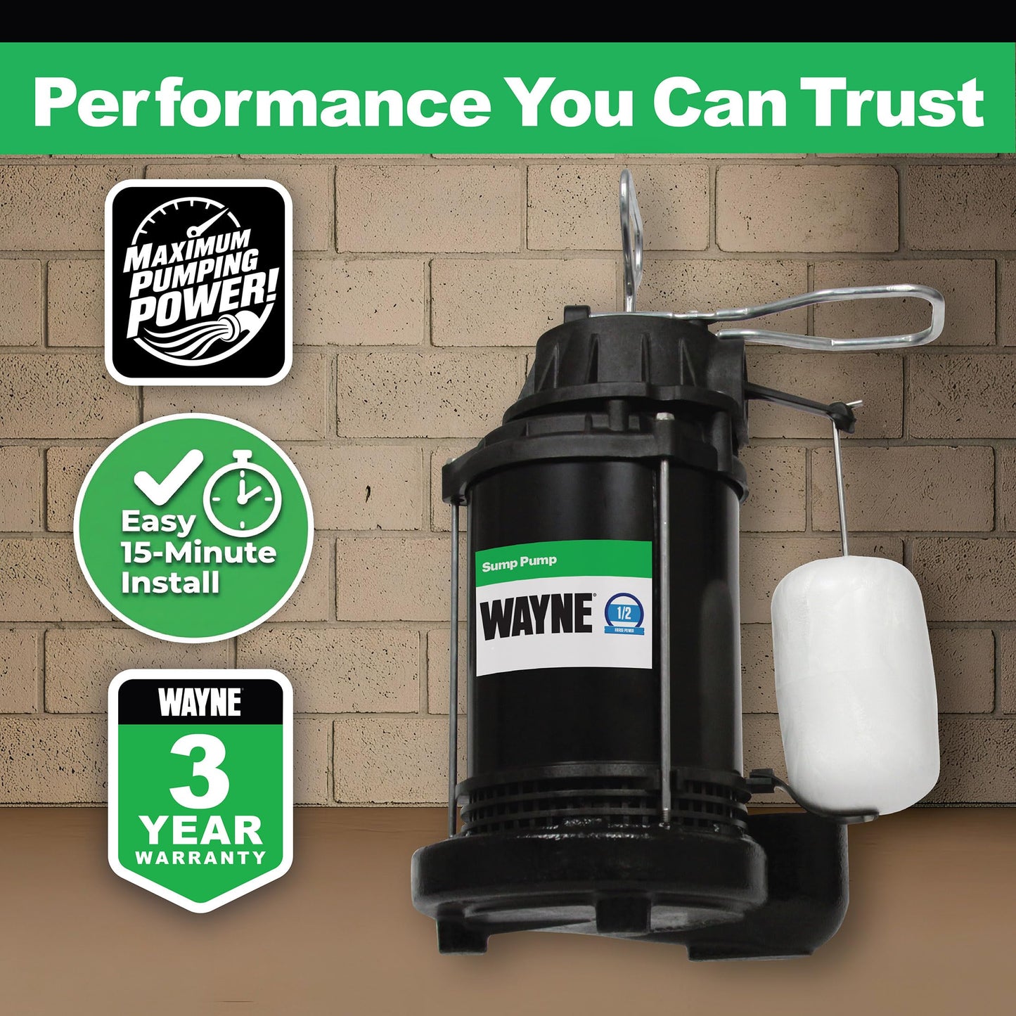 WAYNE CDU800 1/2 HP Submersible Sump Pump – Cast Iron & Stainless Steel, Vertical Float Switch, 5,100 GPH, 3-Year Warranty