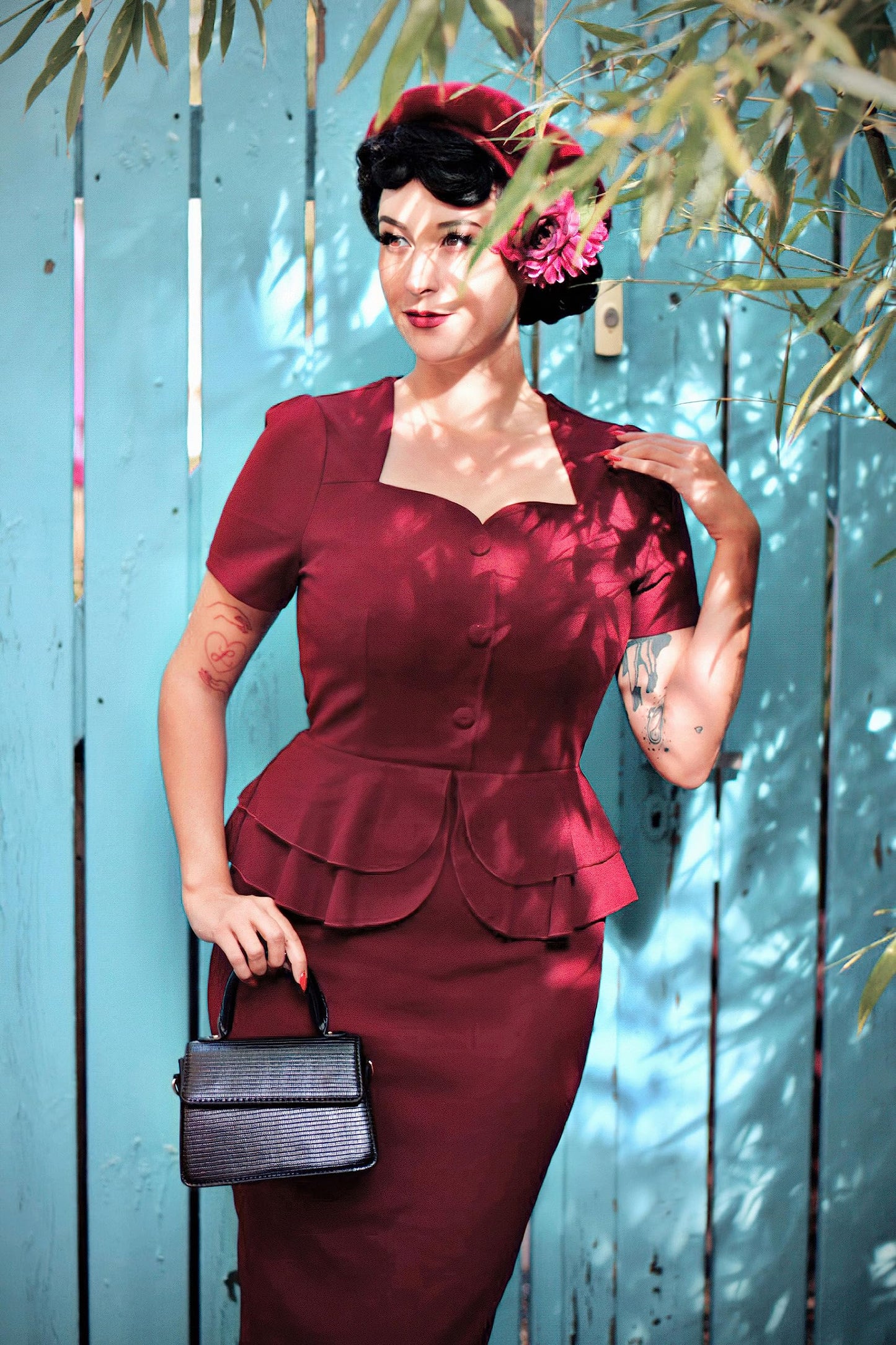 AISIZE Women's 1940s Vintage Square Peplum Bodycon Cocktail Dress XX-Large Burgundy