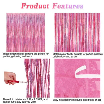 8 Pack Pink Backdrop, 3.28 FT x 7.05 FT Fringe Curtains, Metallic Glitter Pink Fringe Party Streamer Foil Curtains Tinsel Backdrop, Pink Decorations Bachelorette Valentines Day Party Supplies