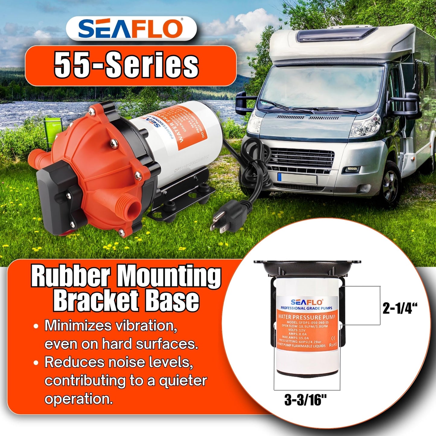 SEAFLO 55 Series 115V AC Automatic Demand Diaphragm Pump – 5.0 GPM, 60 PSI, 5-Chamber Self-Priming Water Pump w/Power Plug for Outlet, RV, Marine & Off-Grid Water Systems, 4-Year Warranty