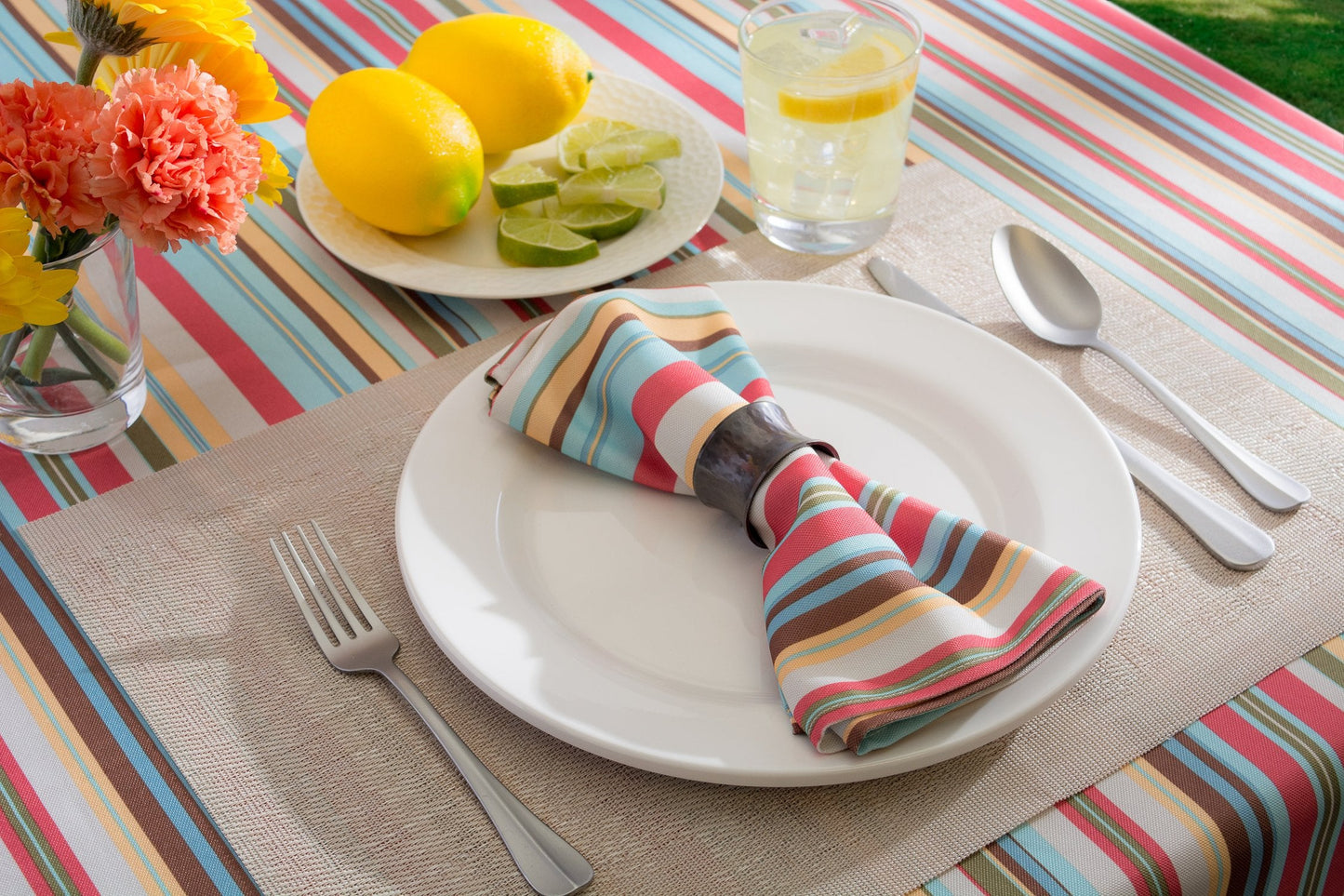 DII 100% Polyester, Spill Proof and Waterproof, Machine Washable, Tablecloth for Outdoor Use, 60x84, Warm Summer Stripe, Seats 6 to 8 People