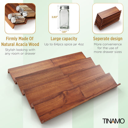 Tinamo Wood Spice Drawer Organizer - Acacia Wooden Tray Spice Racks Organizer for Cabinet Storage Shelf - 4 Tier Spice Rack for Drawer 32 Jars (Pack 4)