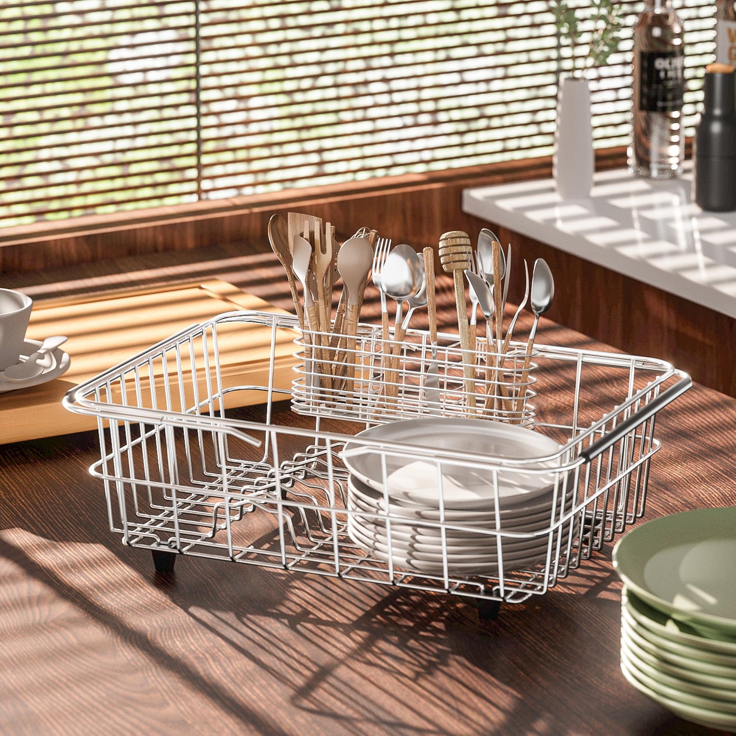 NiuYichee 304 Stainless Steel Utensil Holder, Dish Drying Rack, kitchen Utensil Organizer, Knife and Fork Drainage Rack, Kitchen Drainage Basket Accessories, With Hooks, Rust Proof, Color-Silver
