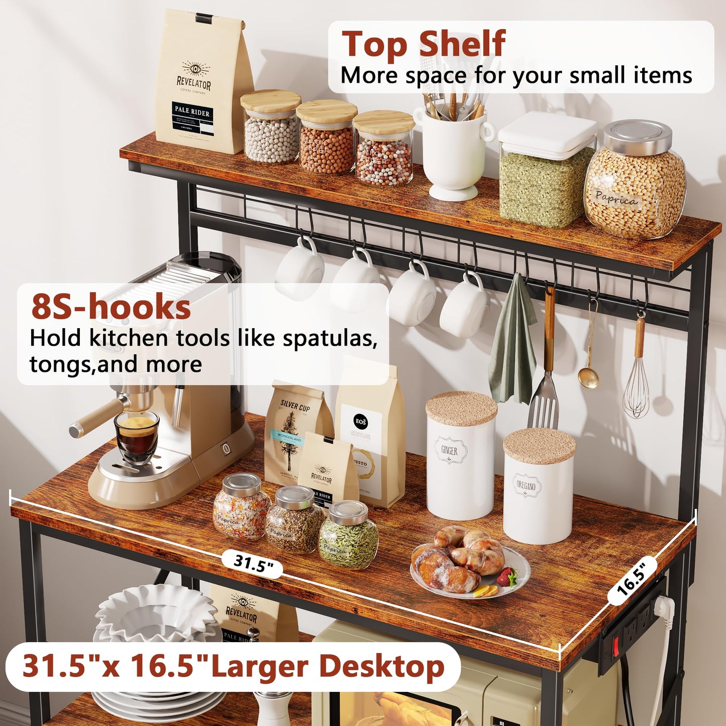 Furologee Kitchen Bakers Rack with Power Outlet, Microwave Oven Stand with Storage 4 Tiers, Coffee Bar Table with 6 S Hooks, Kitchen Storage Shelf Rack for Spices, Pots, Rustic Brown