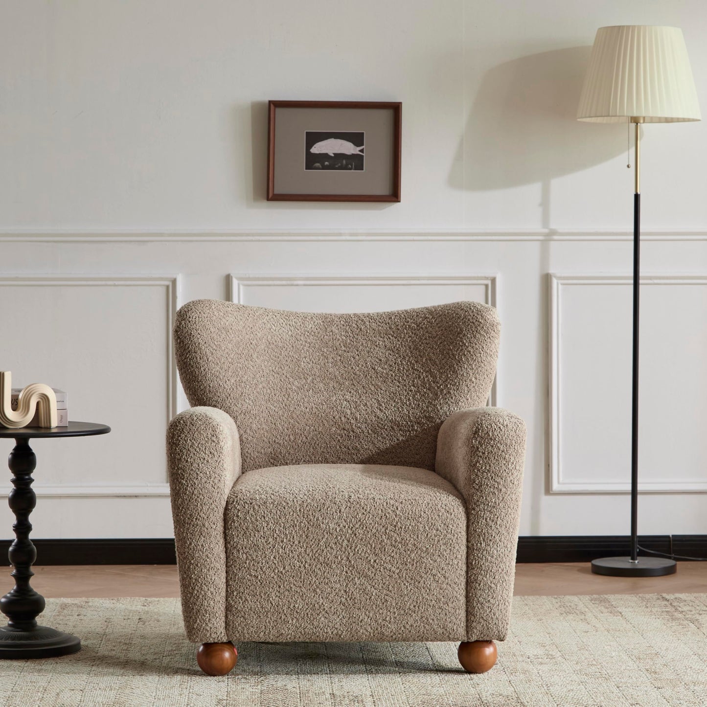 Christopher Knight Home Lindy Wingback Accent Chair, Upholstered Armchair with Rounded Wooden Legs, Curved Backrest Single Sofa, Soft Cushion Seating, Comfy Lounge Chair for Living Room, Light Brown