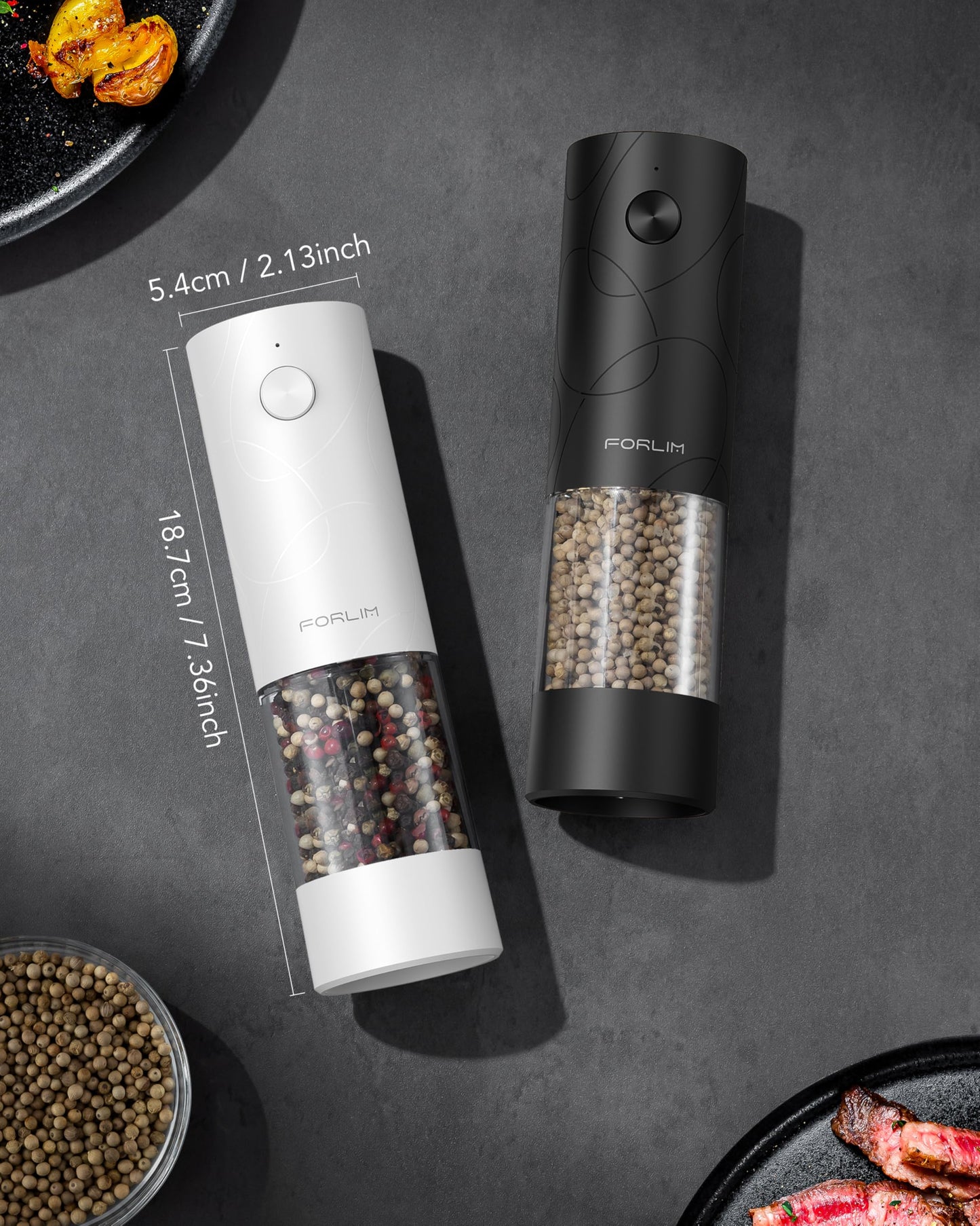 FORLIM Electric Salt and Pepper Grinder Set, USB Rechargeable, Automatic Salt Pepper Mill Grinder with Dust Cover, One-Button Control, Adjustable Coarseness, White LED Light (2 Packs, Black&White)