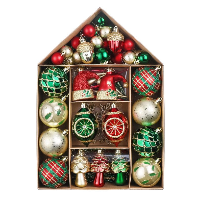 Valery Madelyn Ornaments for Christmas Trees, 70ct Red Green and Gold Shatterproof Christmas Tree Decorations, Traditional Country Hanging Ball Ornaments Bulk for Xmas Holiday Decor
