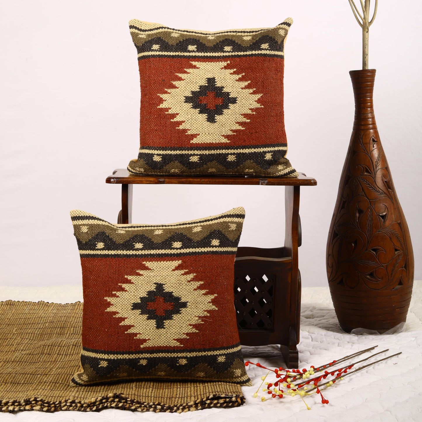 Trade Star 70% Jute 30% Wool Pillow Shams Handloomed Rug Decorative Cushion Case Set of 2 Kilim Cushion Cover Throw Pillow Cover Handwoven Pillowcase 18x18 Inches Designer Cushion Cover (Kilim 12)