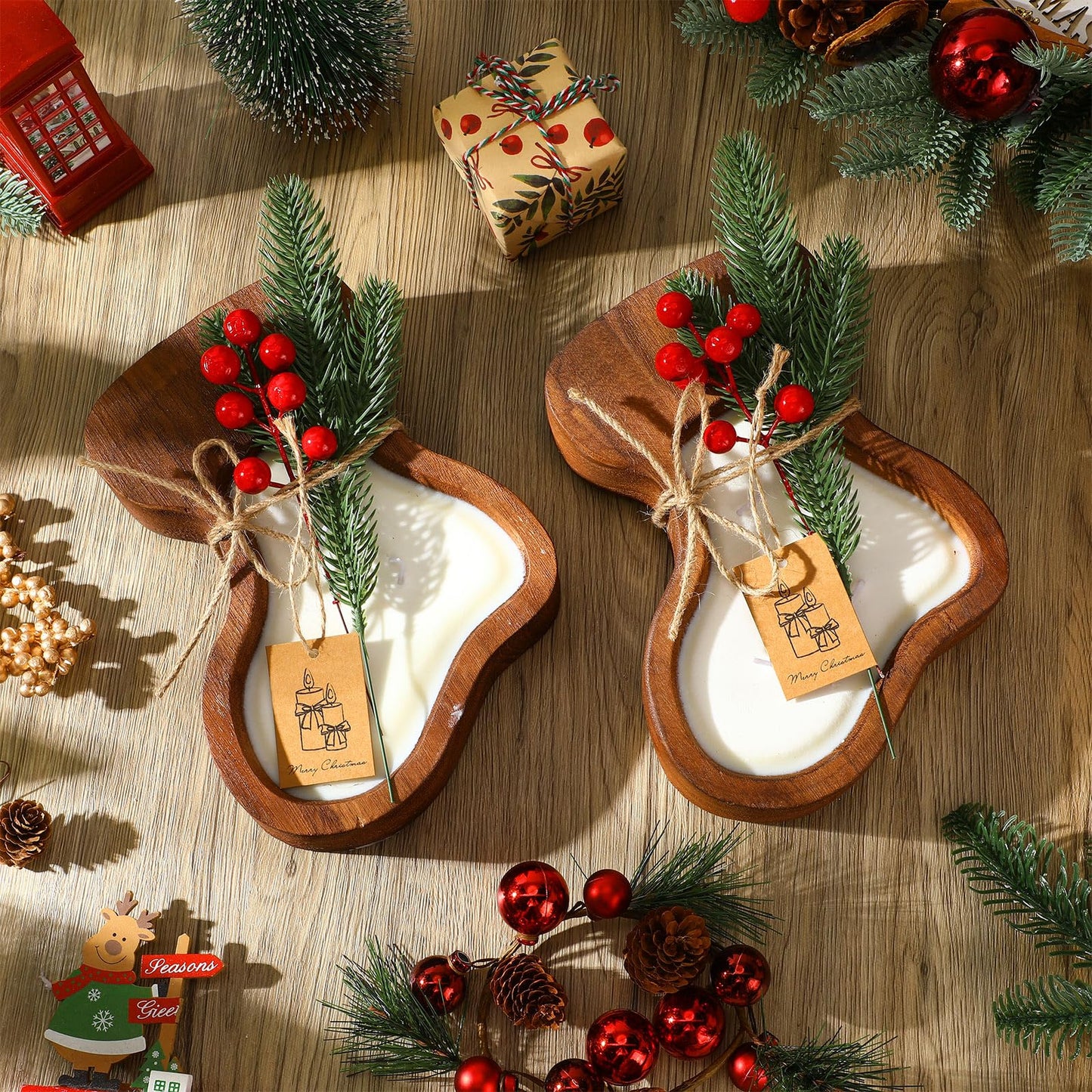MTLEE 2 Pack Christmas Wood Dough Bowl Candle Socking Wooden Candle Bowl 3 Wick Xmas Farmhouse Decoration with Berries Pine Label for Christmas Table Centerpiece Birthday Gift Home Party Decor