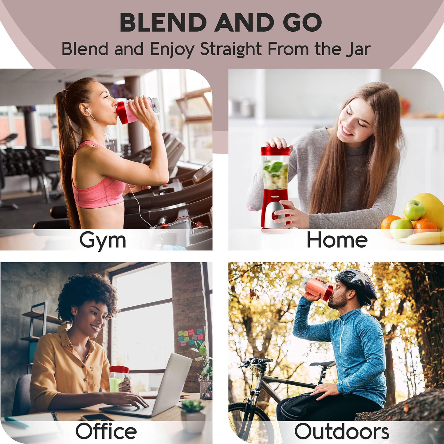 Mueller Smoothie Blender for Smoothies - Personal Blender for Shakes, Frozen Drinks, Baby Food & More, 15oz Travel Cup and Lid, Durable Stainless Steel Blades for Powerful Blending Performance, Black