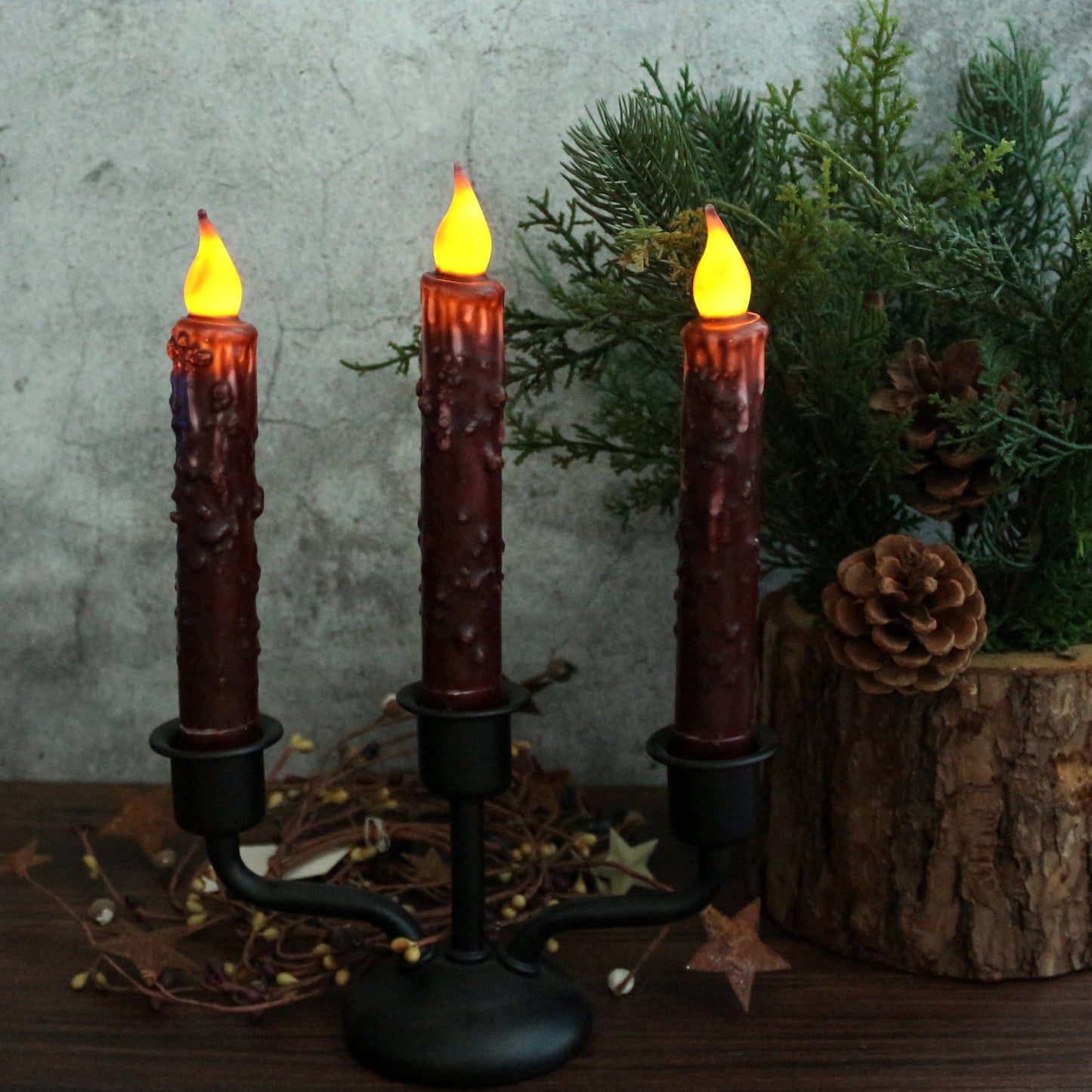 CVHOMEDECO. Real Wax Hand Dipped Battery Operated LED Timer Taper Candles Country Primitive Flameless Lights Décor, 6-3/4 Inch, Burgundy, 2 PCS in a Package