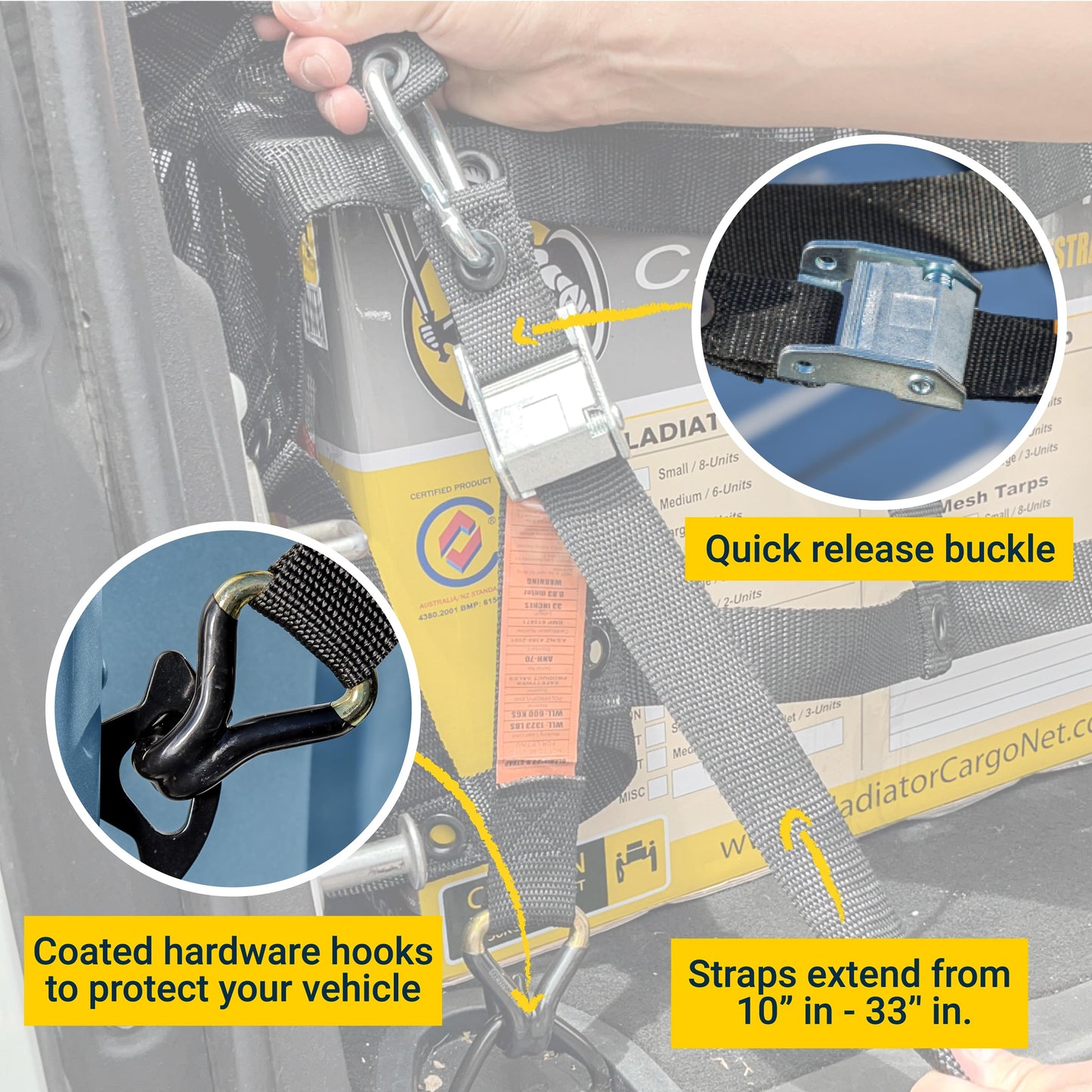 Gladiator Cargo Gear - SafetyWeb Cargo Net - Heavy Duty, Truck Bed Organizer- Bed Cover-tie Down-Adjustable- Camping- Small (SSW-100) 4.75' x 6'