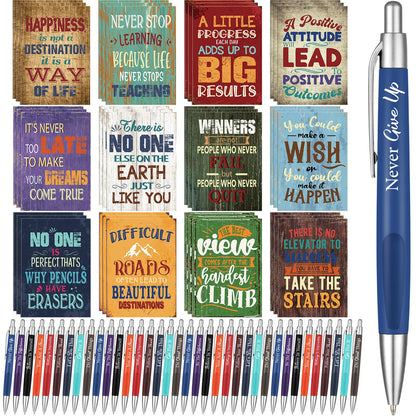 Yeaqee 72 Pcs Motivational Pens Notepads Gifts Set Inspirational Quote Ballpoint Pen Small Notebook Mini Journal Bulk Present Idea for Teacher Coworker Gifts Women Office School(Motivational)