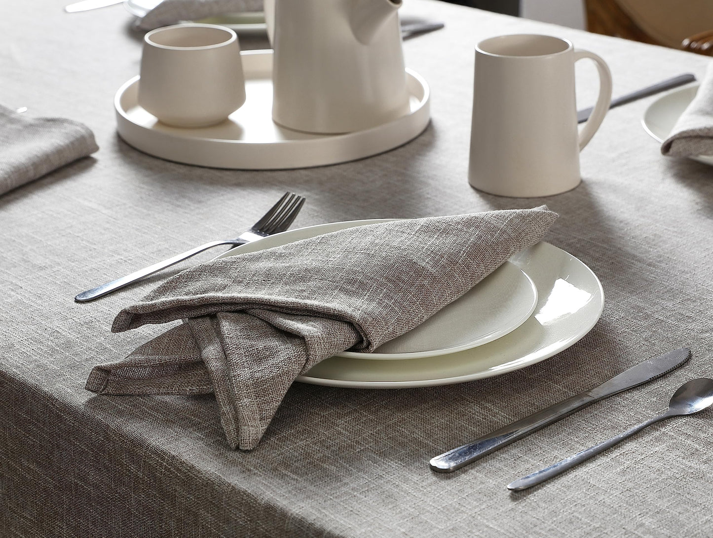 Laura Ashley Harper Luxuriously Smooth Fabric Tablecloth for Formal or Casual Dining, Holiday, Banquet, Wedding or Party, 60" x 144", Taupe