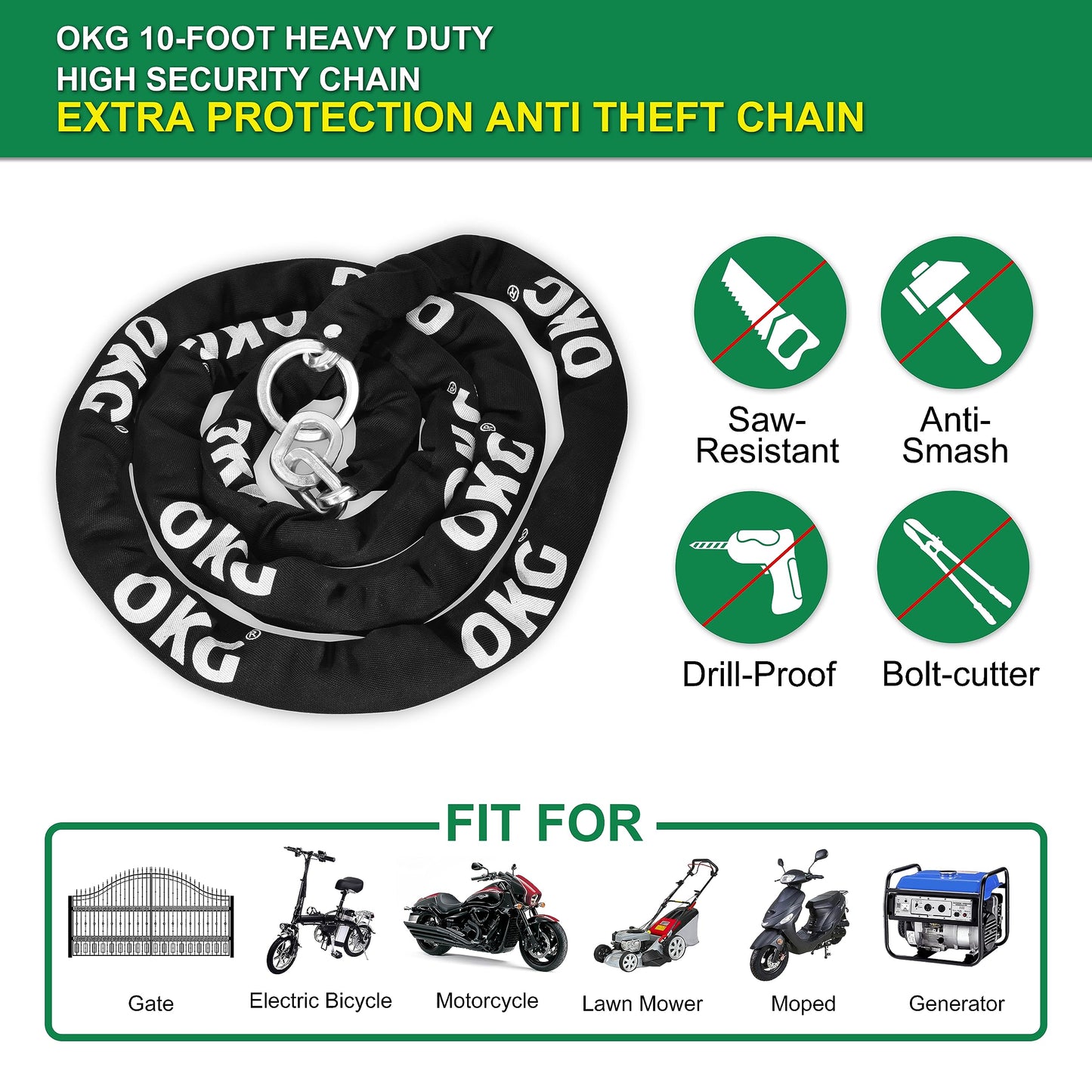 OKG Extra Long Security Chain - 10-Foot x 3/8" Thick Heavy Duty, Eco-Zinc Plated - Uncuttable for Outdoor & Indoor Use - Bike & Motorcycle Lock Chain - For Two+ 2-Wheeled Vehicles