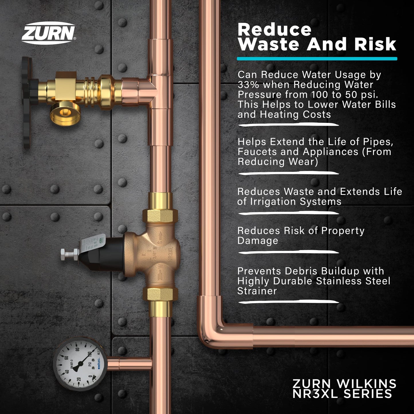Zurn Wilkins 114-NR3XLDUC 1-1/4" NR3XL Pressure Reducing Valve with Double Union FNPT Copper Sweat Connection