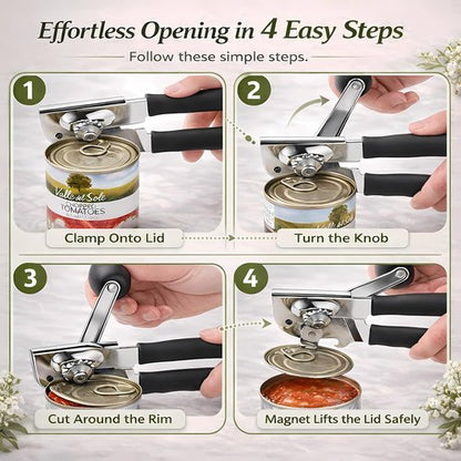 Commercial Can Opener, Heavy Duty Manual Can Opener for Large Cans, Hand Crank Can Opener with Magnetic Lid Lifter, Stainless Steel with Bottle Opener