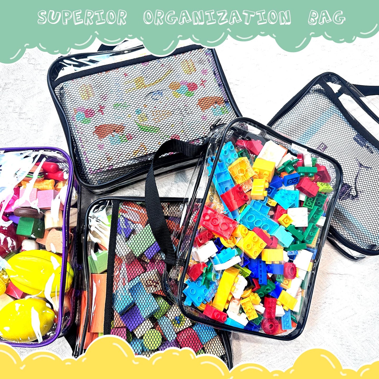 4 Pack PVC Toy Zippered Blocks, 11.8"X3" X9" Travel Storage Case Bags for Organizing, Waterproof Toy Storage Bags with Mesh Pockets for Building Blocks, Puzzles, Clays,Toy Cars