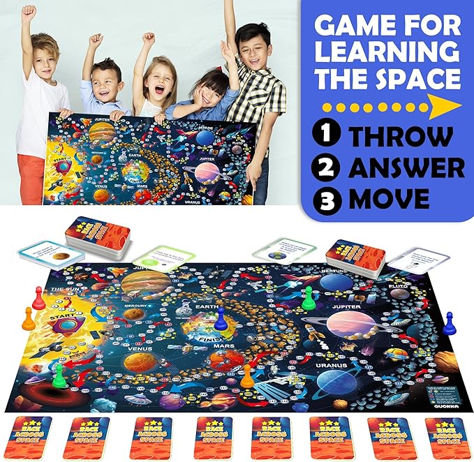 QUOKKA Space Board Game for Kids 8-12 - Learning Family Game for Teens and Adults - 130 Question Cards - Top Facts - Play Indoor &amp Outdoor - Educational Solar System Toy for 6 10 Year Olds