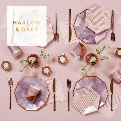 Harlow & Grey Amethyst Large Party Plates Set, 24 Ct Pack, 9.75” Elegant Disposable Paper Dinnerware Supplies for Birthday, Wedding, Shower, Anniversary, Holiday, Purple Watercolor & Rose Gold