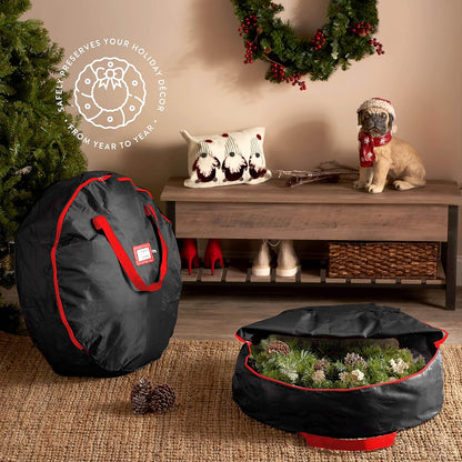 ZOBER Wreath Storage Bag - Waterproof 24 Inch Oxford Container for Artificial Wreaths - Durable Dual Zippered Design, Black