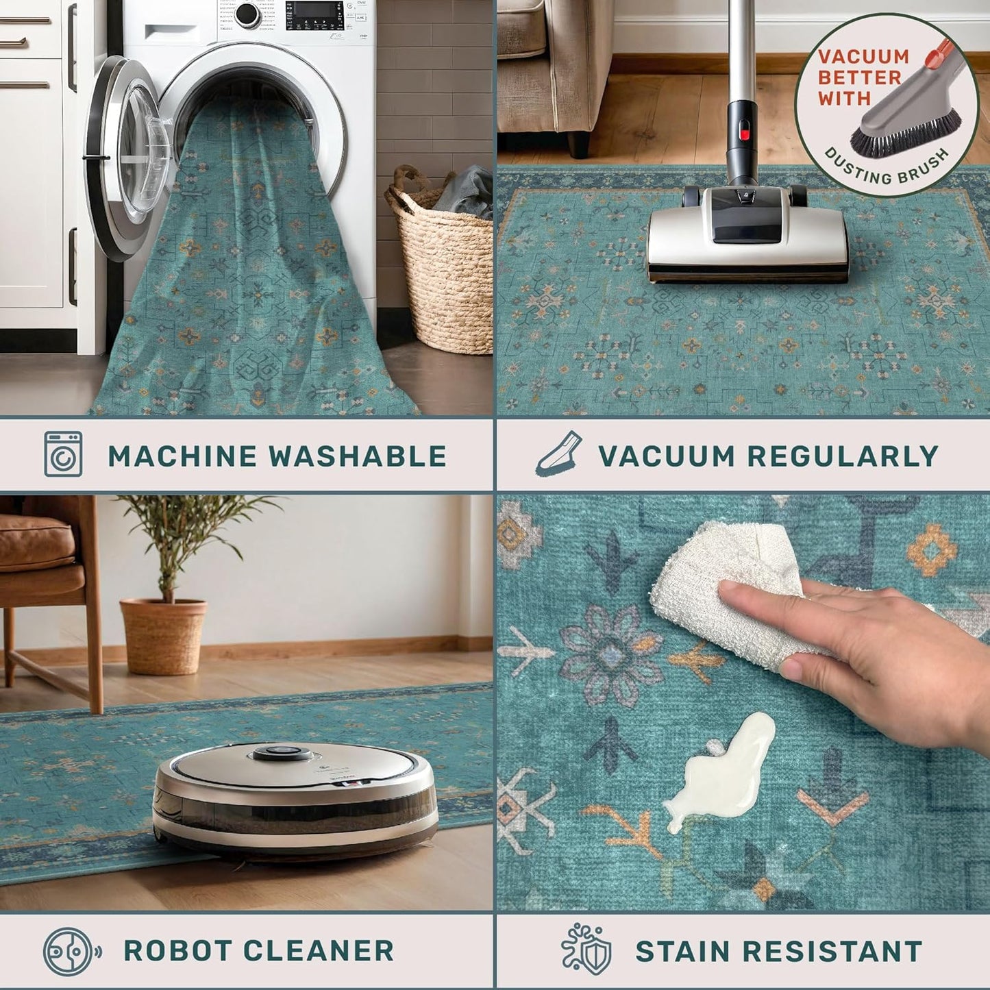 Skiennix 2x3 Washable Teal Rug - Waterproof, Non-Slip, Stain & Fade Resistant for Entryway & Kitchen