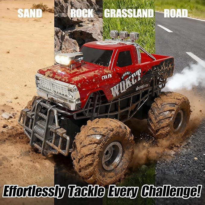 Highspeed Entry Level red rc Monster Truck with Light Spray 2.4GHz Upright 360 Rotate 4WD Monster Trucks rc Cars 20+ KM/H Monster Trucks 70min (Max) RuntimeEaster Birthday Gift Toddler Toys 8-12