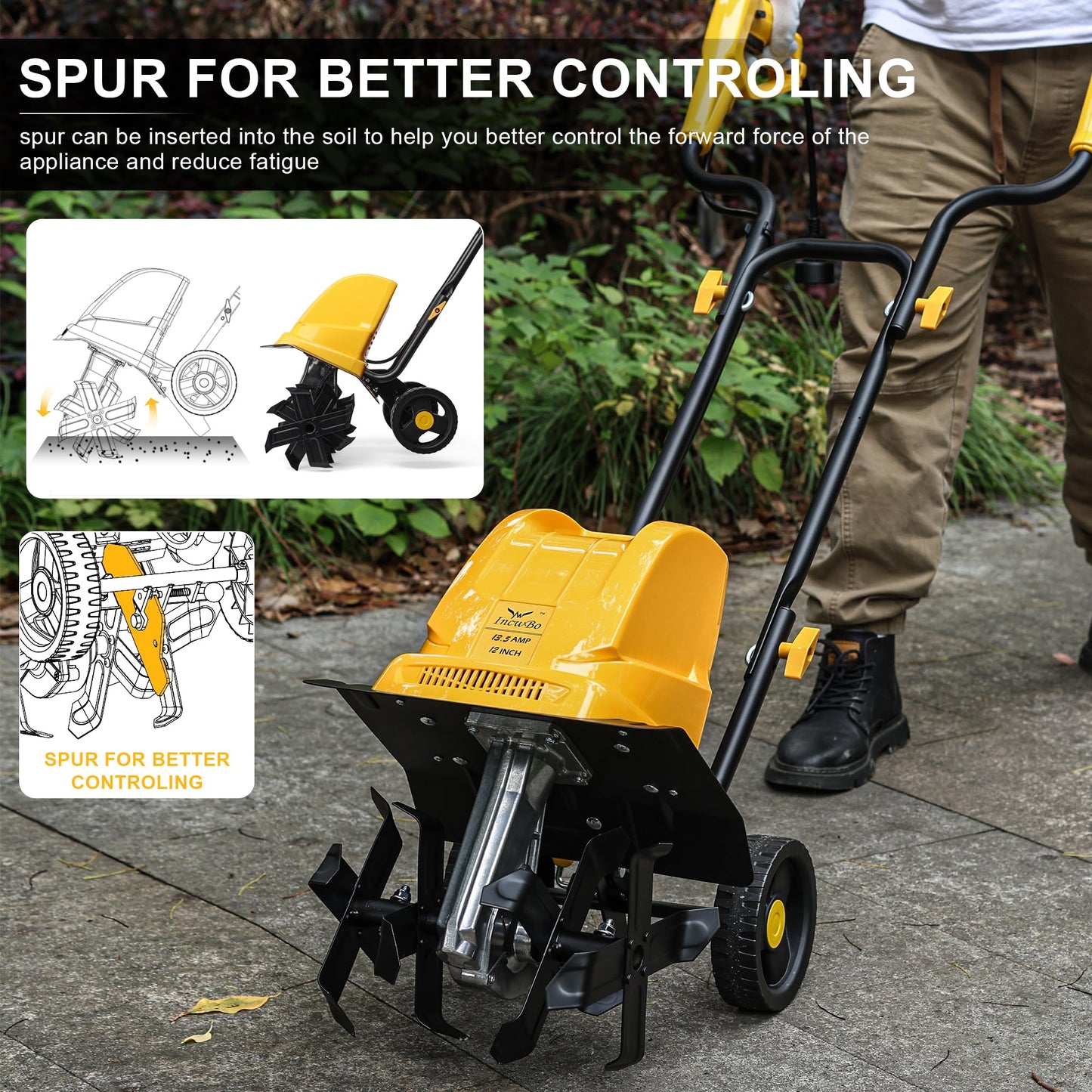 IncwBo Electric Tiller/Cultivator 4 Steel Tines, 8'' Tilling Depth Garden Roto Tillers for Gardening, 13.5 Amp 12 Inch Corded Rototiller with Adjustable Wheels, Yellow
