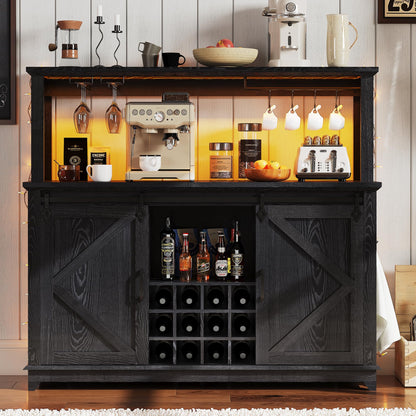 Hetoy Farmhouse Coffee Bar Cabinet 55" Tall with Sliding Barn Door, LED Light, Power Outlet – Storage Drawers, 12-Bottle Wine Rack, Ideal Coffee Hutch for Dining Room or Home Bar