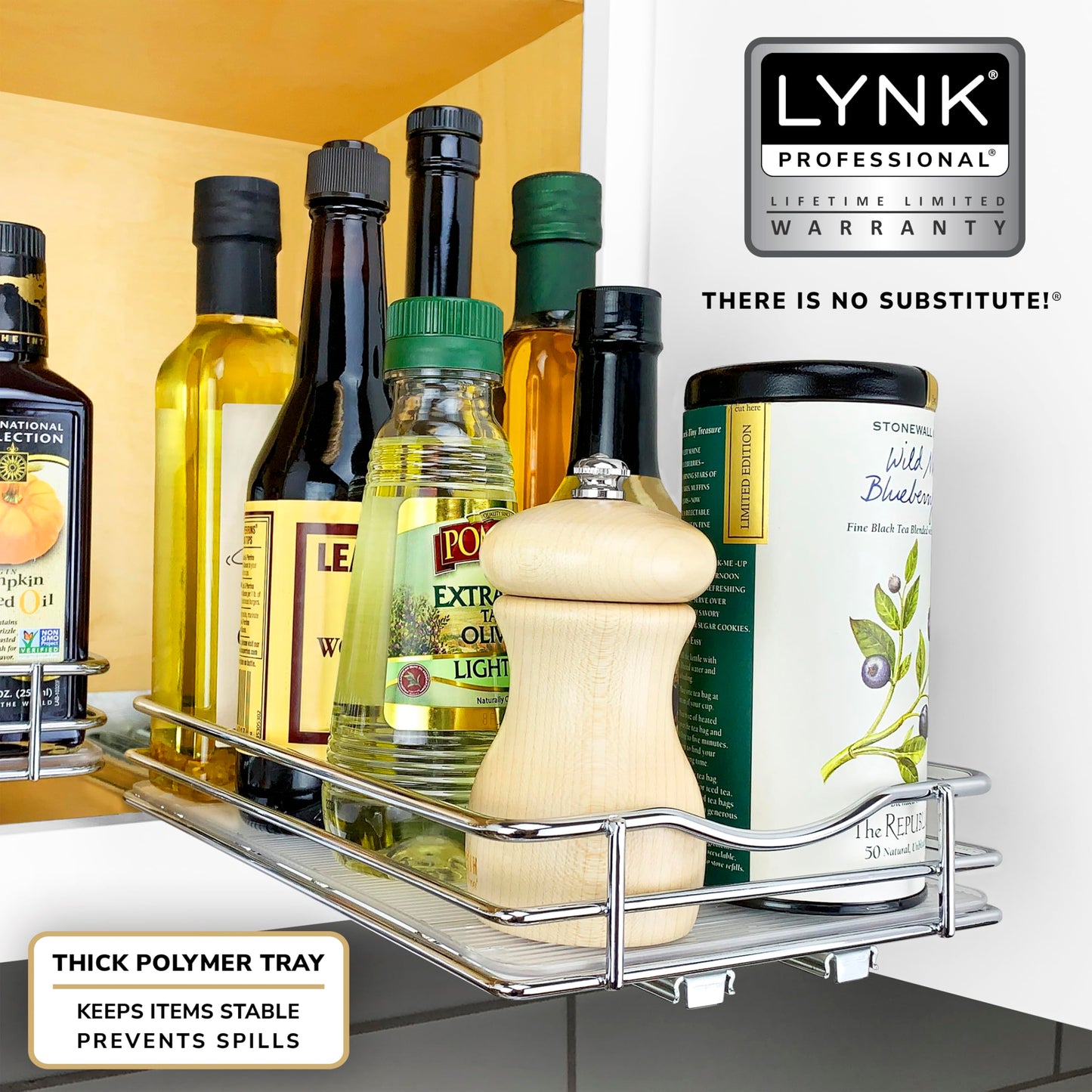 LYNK PROFESSIONAL® Pull Out Spice Rack Organizer for Inside Kitchen Cabinets - 4-1/4 inch Wide - Slide Out Drawer – Chrome Sliding Spice Cabinet Organization Shelf Racks - 2 Tier