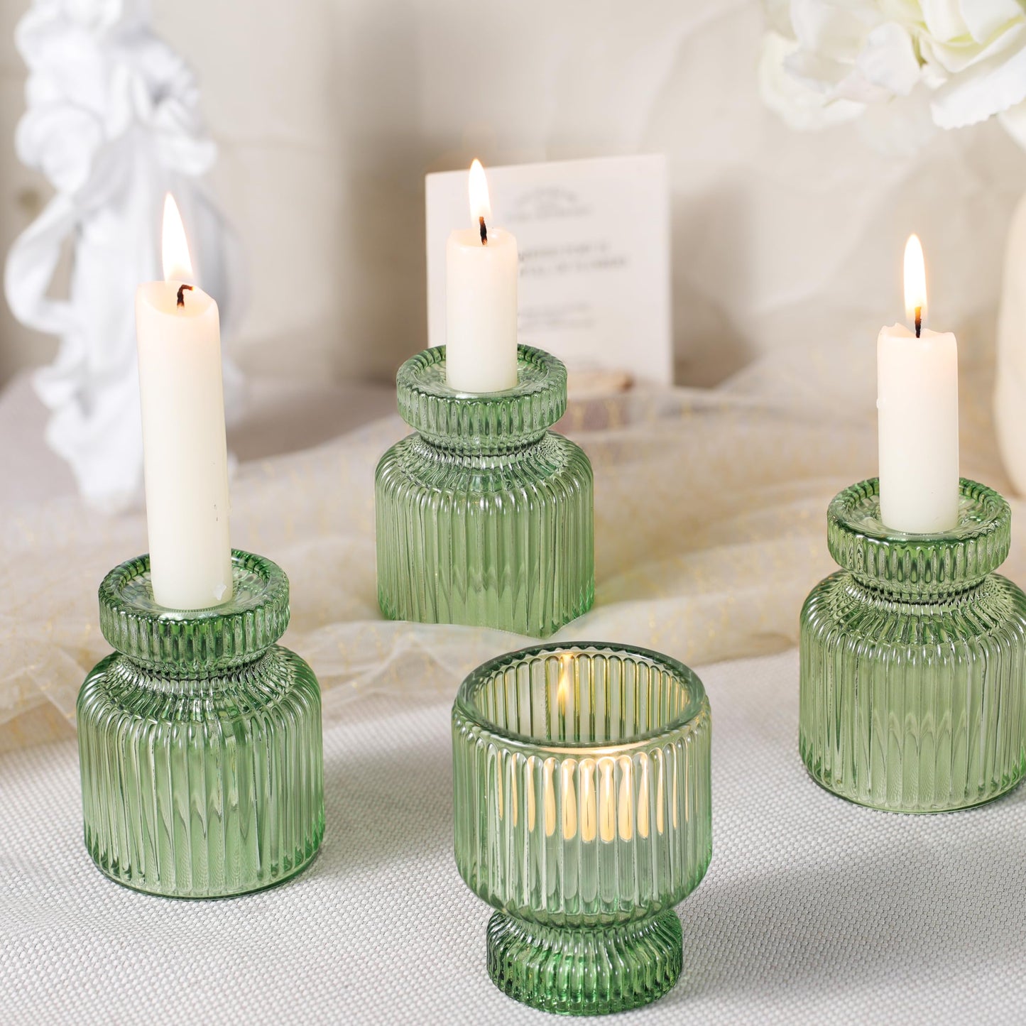 DARJEN 12 Pcs Glass Candlestick Holders- Green Taper Candlestick Holders Tealight Votive Candle Holders for Table Centerpieces, Wedding, Dinner Party, Home Decor
