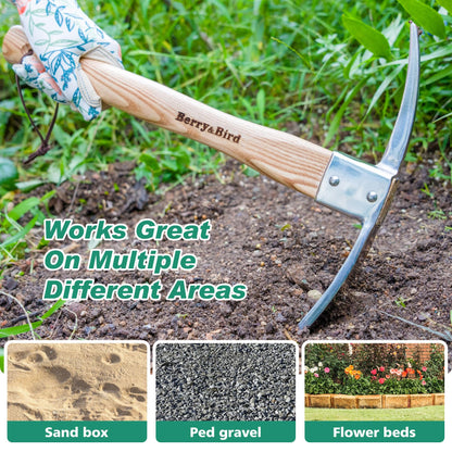 Berry&Bird Gardening Pick Axes, Stainless Steel Pickaxe Mattock Hoe with Wooden Handle, Heavy Duty Pick Axe Hand Tool for Transplanting Digging Planting Loosening Soil Camping or Prospecting