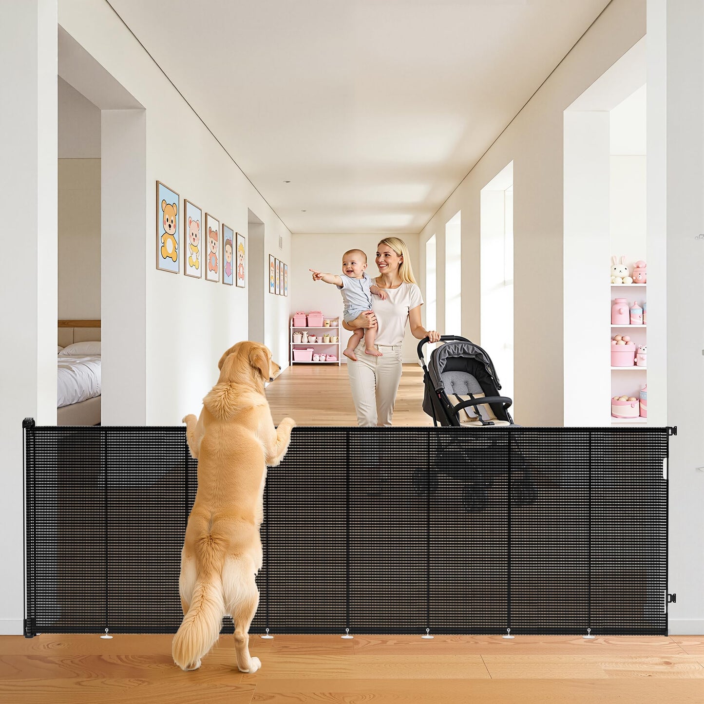 Mutak Retractable Baby Gate for Stairs, 42" Tall X 200" Wide Mesh Dog Gate Indoor, Child Gate for Doorways, Hallways, Deck, Indoor Outdoor Pet Baby Safety Essentials for Home, Black