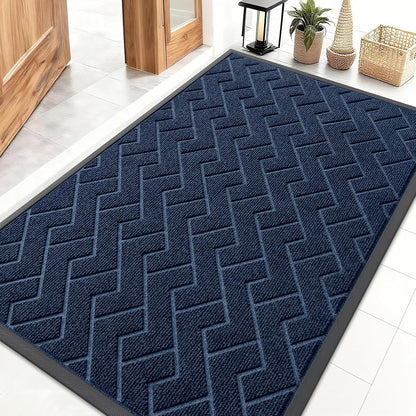 OLANLY Waterproof Front Door Mat - All-Season Indoor/Outdoor Herringbone Design | Easy Clean, 47x32 (Blue)