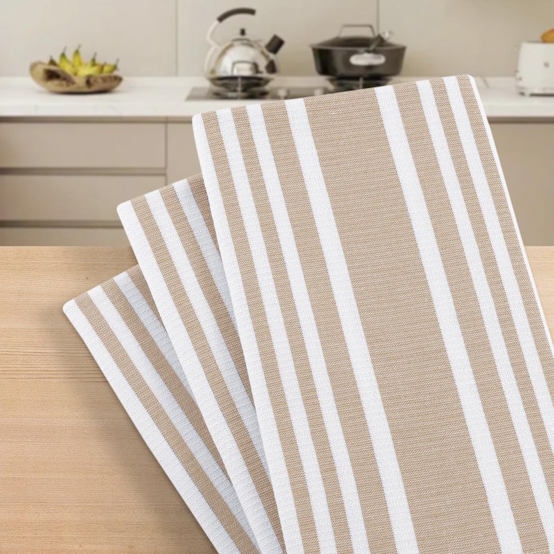 Homaxy Premium Kitchen Towels 18”x 28”, Large Cotton 380 GSM Kitchen Hand Towels, Stripe and Terry Dish Towel, Highly Absorbent Tea Towel Set with Hanging Loop, 6 Pack, Khaki