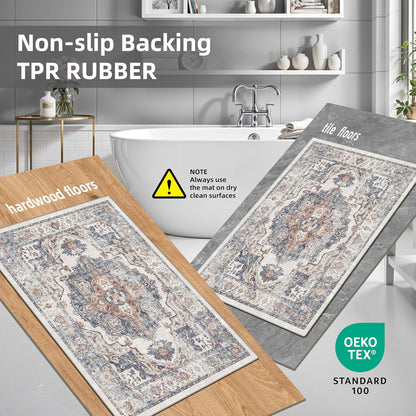 Skiennix Washable Kitchen Rug Set - Boho Non-Slip Soft Mats for Dog Bowl Area | 3 Sizes in Brick