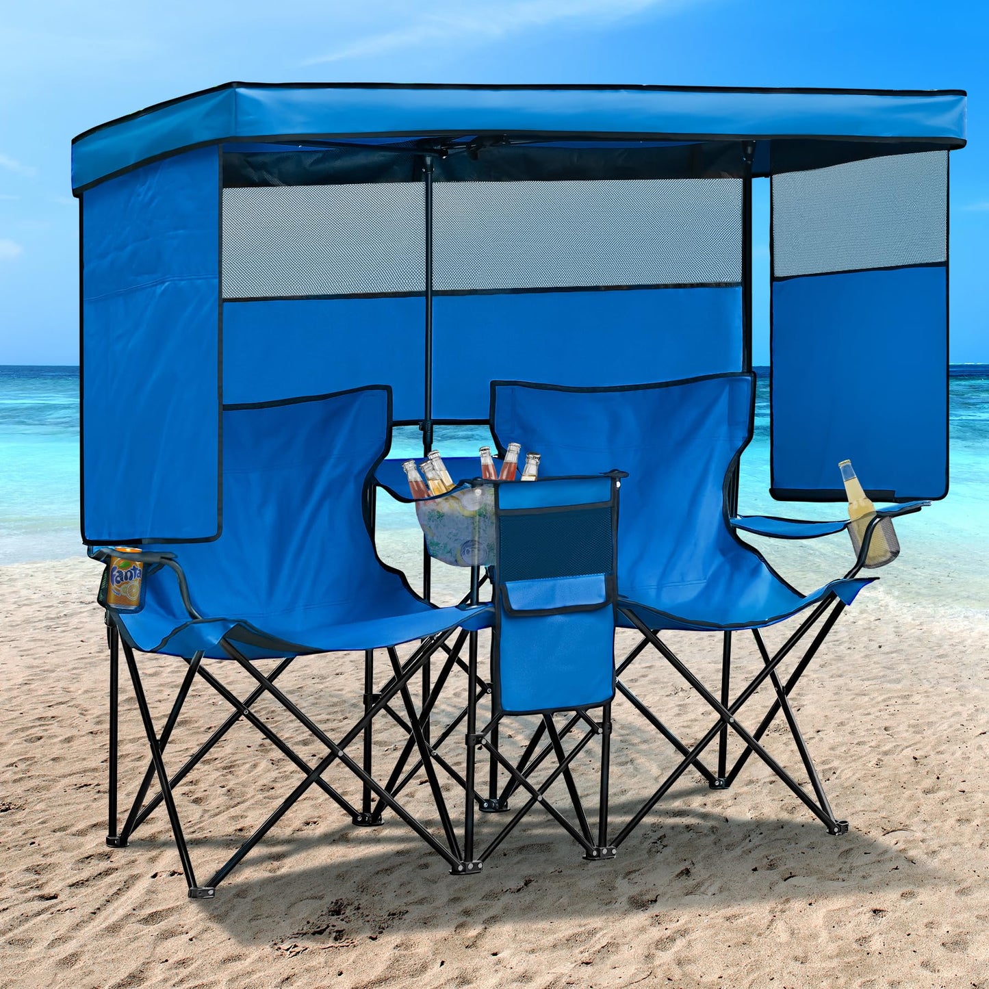 WTVIDAS Double Beach Chair with Canopy Shade Heavy Duty Camping Chairs with Cup Holder Folding Loveseat for Outside Lawn
