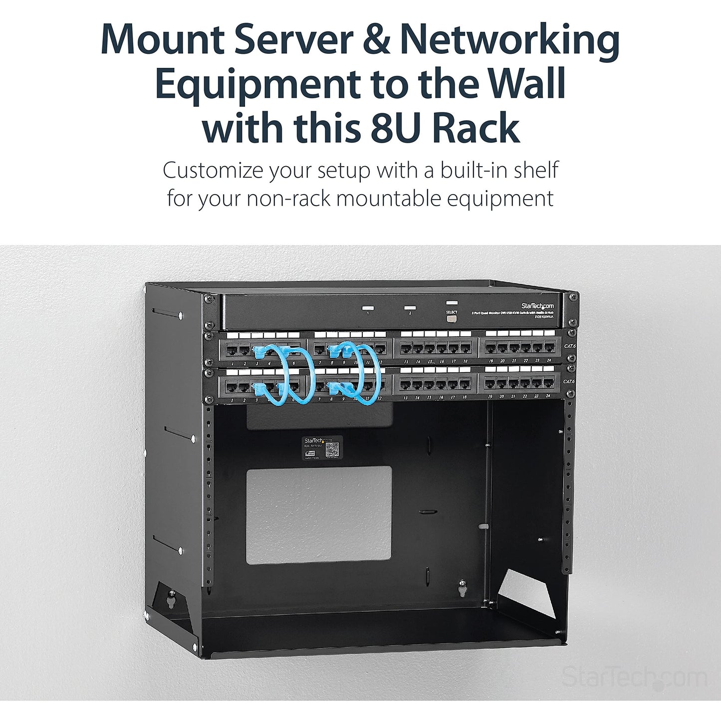 StarTech.com 2-Post 8U Open Frame Wall Mount Network Rack with Built-in Shelf, Wall Mount Data Rack with Adjustable Depth for AV / Computer / IT Equipment, TAA Compliant Server Rack (WALLSHELF8U)