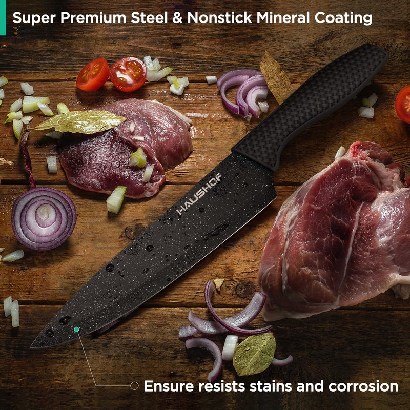 HAUSHOF Kitchen Knife Set, 5 PCS Knife Sets with Arcylic Block, Teflon Coated Black Knives Set for Kitchen, Premium Stainless Steel Knives Set with Ergonomic Handle, Great for Slicing, Dicing&Cutting