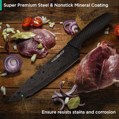 HAUSHOF Kitchen Knife Set, 5 PCS Knife Sets with Arcylic Block, Teflon Coated Black Knives Set for Kitchen, Premium Stainless Steel Knives Set with Ergonomic Handle, Great for Slicing, Dicing&Cutting
