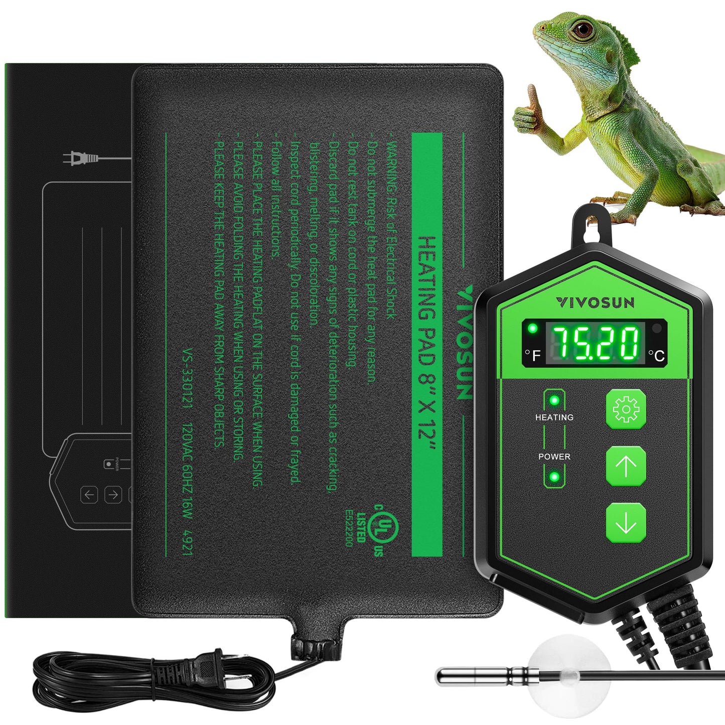 VIVOSUN Reptile Heating Pad 8x12 Inch with Thermostat Combo Under Tank Terrarium Heating Mat for Turtles, Lizards, Frogs, and Other Reptiles